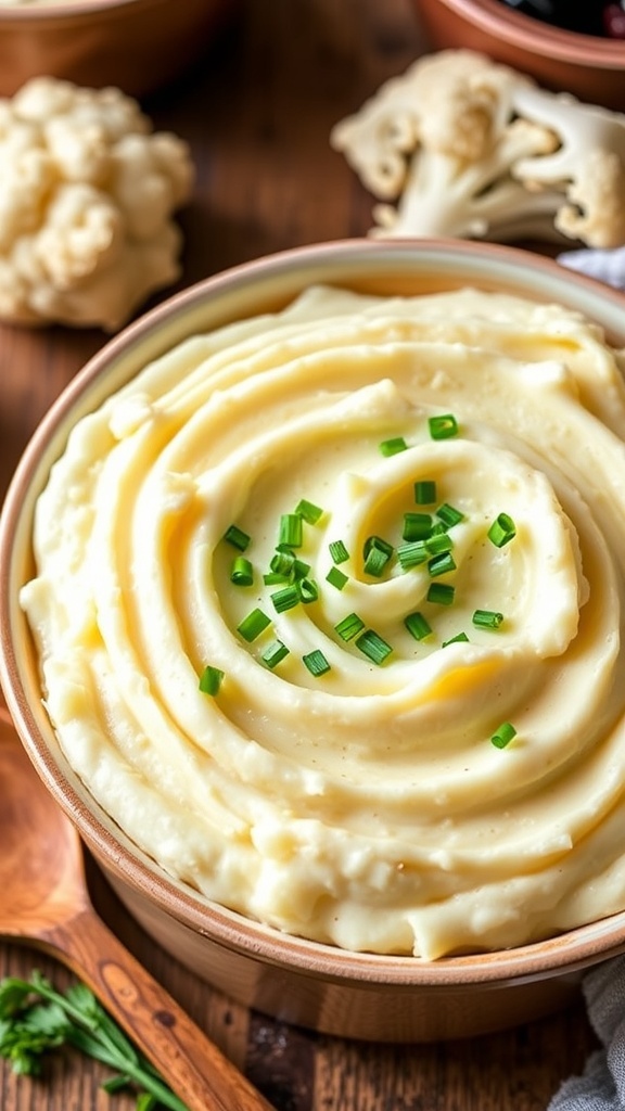 Creamy cauliflower mashed potatoes in a bowl, garnished with chives, on a rustic table.
